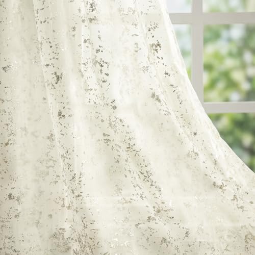 "Horaldaily Beige Sheer Curtains for Living Room and Bedroom, Sliver Sequin Glitter Metallic Foil, Scenery Light Filtering Window Curtains, 52"" W x 84"" L, Set of 2 Curtain Panels"