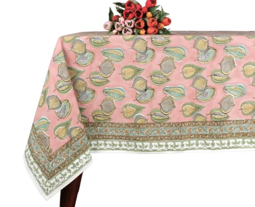 "Ridhi Salmon Pink Hand Block Print Cotton Rectangle Tablecloth 120"" x 80"" inches Reusable Table Cover Decorative Everyday Use for Dining Room, Farmhouse, Home Gift for Spring, Mother's Day"