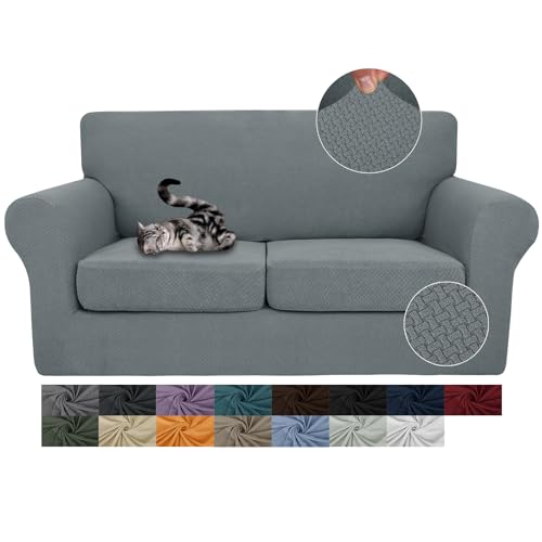 JIVINER 3 Pieces Stretch Couch Covers for 2 Cushion Couch Fitted Thick Loveseat Sofa Slipcover with 2 Seat Cushion Covers for Living Room Pet Dogs (Medium, Light Gray)