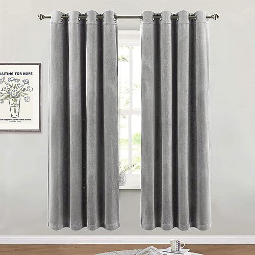 SMILETIME Grey 72 in Long Velvet Curtains with Grommet, Thermal Insulated Super Soft Privacy Noise Reducing Light Filtering Velvet Curtains for Living Room, 2 Panels, Each 52 x 72 inches Long