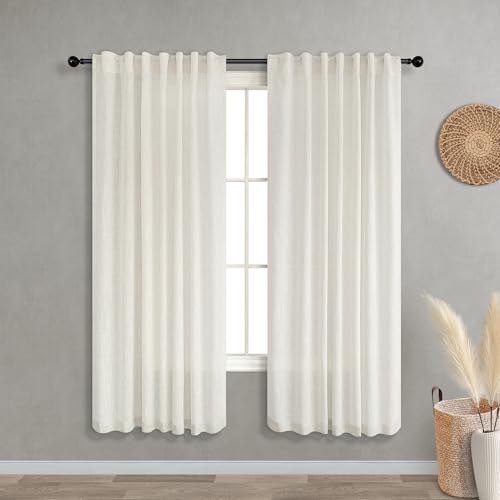 KOUFALL 72 Inch Curtains Long for Living Room 2 Panels Set,Sheer Linen Semi Light Filtering Window Drapes 72 Inch Length for Bedroom Dining Room,52 in Wide,Cream Beige