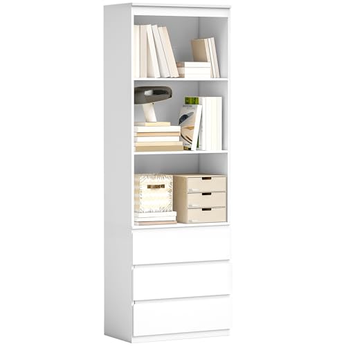 HOMCOM 180cm Tall Bookcase with Storage, Free Standing Bookshelf with 3 Shelves and 3 Drawers, Display Cabinet for Living Room, Home Office, Bedroom, White