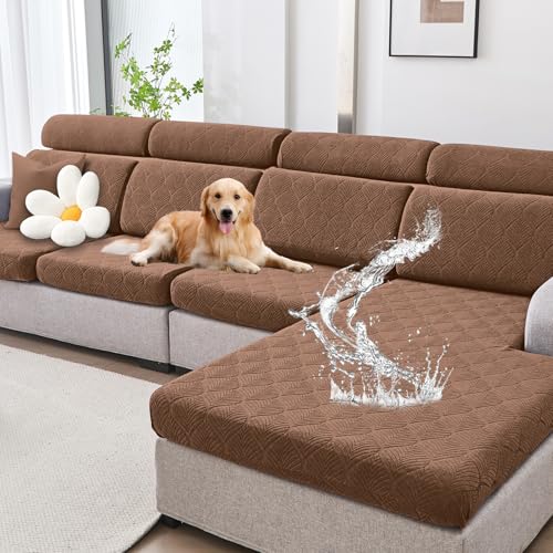Genina 100% Waterproof Couch Cushion Covers - Stretch Sofa Seat Cover Jacquard Non Slip Sectional Couch Covers Sofa Slipcovers Washable (2 Pieces, Brown)