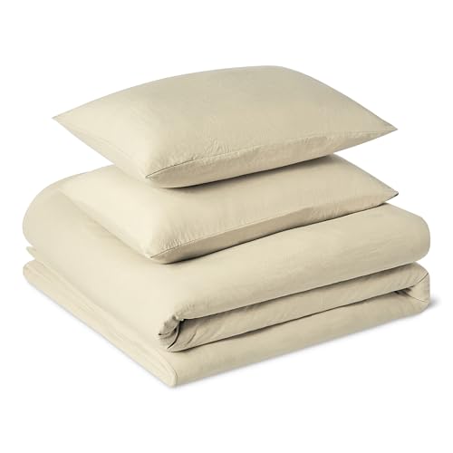 Amazon Basics 3-Piece Brushed Microfibre Double Duvet Set, Extra Soft Bedding, Relaxed Lived-In Look with Natural Creases, No Ironing Required, Duvet Cover 200x200 cm & 2 Pillowcases 50x80 cm, Beige