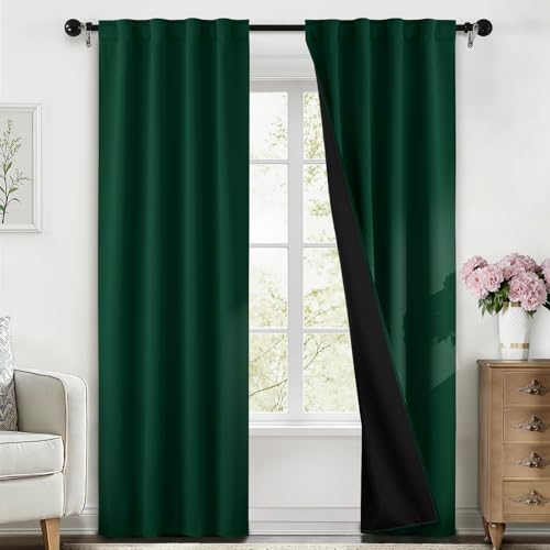 SimpleHome 100% Blackout Curtains for Bedroom,84 Inch Curtains for Living Room Rod Pocket and Back Tab Window Drapes Room Darkening Dark Green Curtain with Black Back,40 x 84 Inch,2 Panels