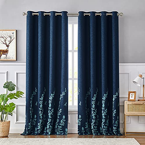 Melodieux Flower Embroidery Linen Textured Blackout Curtains for Living Room Bedroom Silver Grommet Window Drape, Navy/Blue, 52 by 84 Inch (1 Panel)