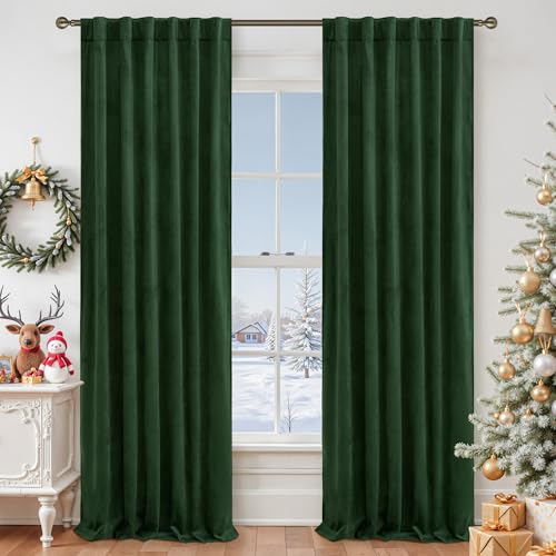 LAMIT Emerald Green Velvet Curtains 96 Inch for Living Room, Thermal Insulated Room Darkening Drapes Noise Reducing Back Tab and Rod Pocket Christmas Panels for Bedroom, Set of 2 Panels, 52 x 96 Inch