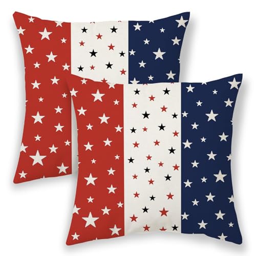 4th of July Pillow Covers 22x22, Memorial Day Patriotic Outdoor Decorative Throw Pillows for Couch, Red Blue White Star Decor Cushion Cover 2 Pcs American Flag Linen Pillowcase for Bed Car Safa