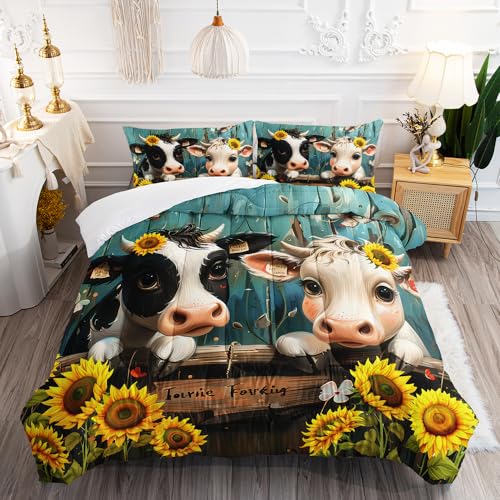 XYNHML Cute Cow Print Comforter Set Queen Size Sunflower Highland Cow Bedding Set Farm Animals Cow on Fence Quilt Bed Set with 1 Comforter and 2 Pillowcases for Kids Boys Girls Room Decor, D-cow2