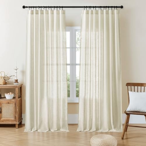 "Joydeco Semi Sheer Curtains for Living Room, Linen Curtains 90 Inch Length 2 Panels Set for Bedroom ，White Curtains 90 Inches Long Rod Pockets Back Tab (90"" L x 100"" W)"
