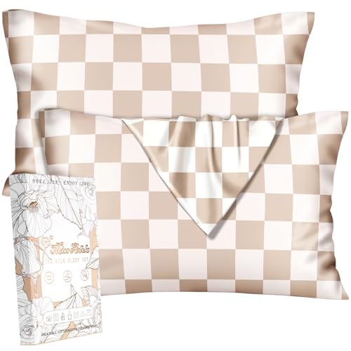 "Miss Adola Silk Pillowcase 2 Pack - Pillow Cases 20"" x 36"" King Size Set of 2 for Hair and Skin Smooth Soft Breathable with Hidden Cute Zipper Cooling Pillow Covers for Sleeping, Checkered"