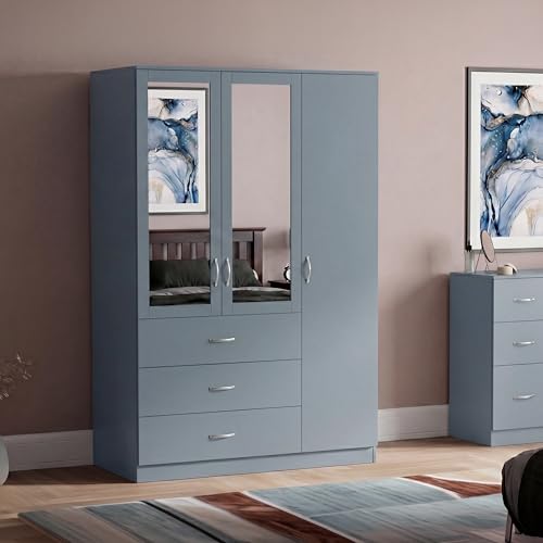 Vida Designs Riano 3 Door 3 Drawer Mirrored Wardrobe - Grey - Bedroom Furniture - 175H x 116W x 54D cm - With Storage Shelf & Hanging Rail - Large Capacity Storage
