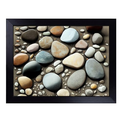 Lap Tray with Bean Bag Cushion, Great River Pebbles - Handmade in the UK, Raised Wooden Edge, Padded Cushion, Heat-Resistant Wipe-Clean Surface, for Meals, Laptops and Crafts