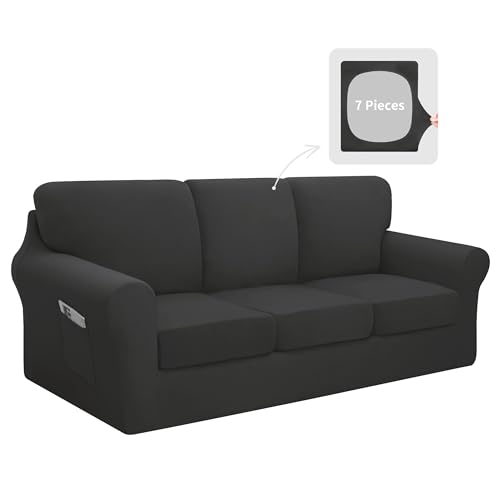 Easy-Going 7 Pieces Stretch Couch Cover Washable Sofa Cover Set for 3 Backrest and Seat Cushion Couch Anti-Slip Sofa Slipcover Furniture Protector with Elastic Bottom (Large, Dark Grey)