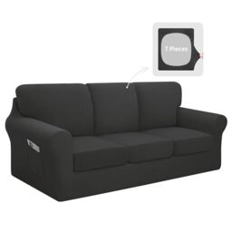 Easy-Going 7 Pieces Stretch Couch Cover Washable Sofa Cover Set for 3 Backrest and Seat Cushion Couch Anti-Slip Sofa Slipcover Furniture Protector with Elastic Bottom (Large, Dark Grey)