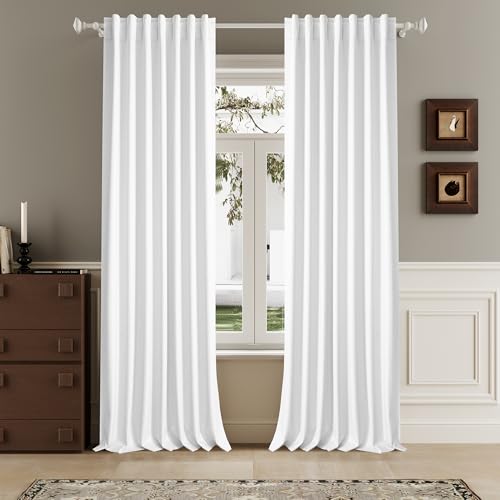 96 Inch Long Blackout Curtains - Extra Wide Thermal Insulated Sun Block Out Bedroom Linen Curtains 8 ft Window Covering Back Tab Rod Pocket Drapes for Hall Living Room W84 x L96,2 Pcs, Pure White
