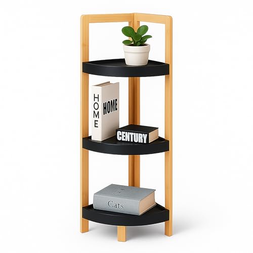 Relaxdays Bamboo Corner Shelf, 3 semi-circular shelves, HWD: 77x23x23 cm, space-saving for bathroom, natural/black
