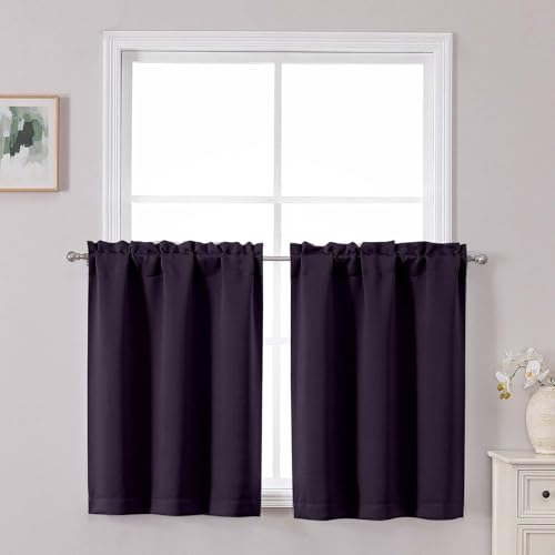 Chyhomenyc Short Kitchen Curtains 30 Inch Length, Small Kitchen Curtain Rod Pocket Half Window Curtains for Basement Cabinet Camper RV Bunk, 2 PCS, Each 30Wx30L, Dark Purple