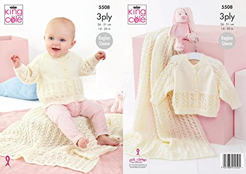 King Cole Big Value Baby 3 Ply Knitting Pattern 5508 - Cardigans, Blankets Pattern - 14-20 Inches