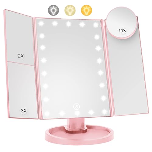 Lighted Makeup Mirror with 22 LED Lights, Dual Power Supply 1x/2x/3x/10x Magnifying Touch Screen Dimmable Mirror, 180 Degree Adjustable Angle, Travel Cosmetic Mirror - Pink