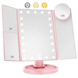 Lighted Makeup Mirror with 22 LED Lights, Dual Power Supply 1x/2x/3x/10x Magnifying Touch Screen Dimmable Mirror, 180 Degree Adjustable Angle, Travel Cosmetic Mirror - Pink