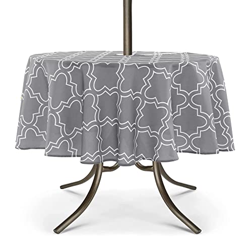 "UMINEUX Outdoor Tablecloth with Umbrella Hole and Zipper, Spring/Summer Waterproof Table Cover for Picnic/BBQ/Garden(60"" Round,Gray)"