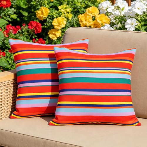 Eternal Beauty 18X18'' Set of 2 Outdoor Decorative Pillow Covers Waterproof Outdoor Pillow Covers for Spring Summer Patio Throw Pillows, Red Stripe, 18X18 inches