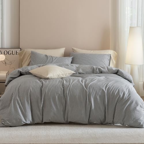 JIYUAN 100% Washed Cotton Striped Duvet Cover Set 3 Pieces King, 1 Duvet Cover and 2 Pillowcases(Comforter Not Included),Linen Like Comfy and Breathable,Pinstripes-Heathered Dark Grey White