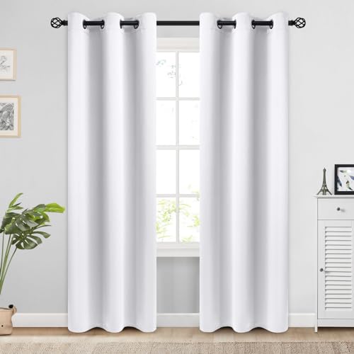 COSVIYA Grommet Blackout Room Darkening Pure White Curtains 84 inch Length 2 Panels,Thick Polyester Light Blocking Insulated Thermal Window Curtain Drapes for Bedroom/Living Room,38x84 inches