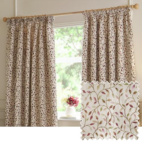 Voyage Maison Cervino Pencil Pleat Curtain Pair – Country Heritage Floral Leaf Woven Jacquard Lined Room Darkening Drapes (Damson - 168x137cm)