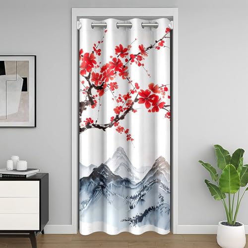 "Cherry Blossoms Doorway Curtain For Girls Women Japanese Red Floral Decor Door Curtain 34""W X 80""L Adult Teens Japanese Style Ukiyoe Mount Fuji Pattern Curtain For Bedroom Doorway Living Room"