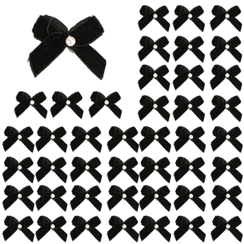 Meseey 60pcs Mini Velevt Ribbon Bows 1 Inch with Pearl Ribbon Flowers Appliques DIY Craft for Sewing, Scrapbooking, Wedding, Gift,Christmas Decoration(Black)