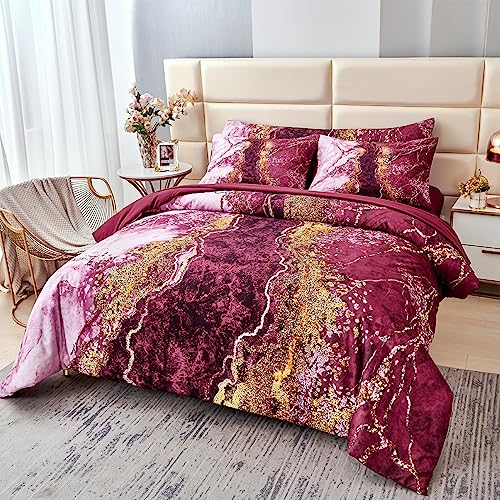 PERFEMET 6 Pcs Full Comforter Sets Burgundy Watercolor Marble Bed in A Bag Comforter Set Soft Lightweight Dark Red and Gold Bedding Quilt Set(Burgundy, Full)