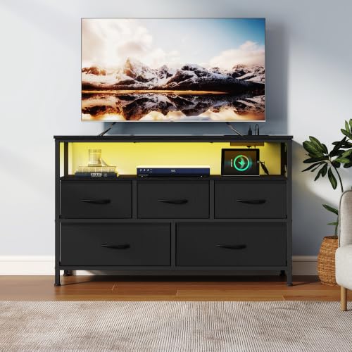 SONGMICS Chest of Drawers with LED Lights and Charging Station, Fabric Storage Cabinet, 5 Drawers, Open Shelf, 98.7 x 30 x 68.1 cm, Ink Black, Bedroom Furniture, BELLAH Collection LGS723BH03