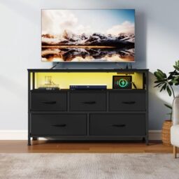 SONGMICS Chest of Drawers with LED Lights and Charging Station, Fabric Storage Cabinet, 5 Drawers, Open Shelf, 98.7 x 30 x 68.1 cm, Ink Black, Bedroom Furniture, BELLAH Collection LGS723BH03