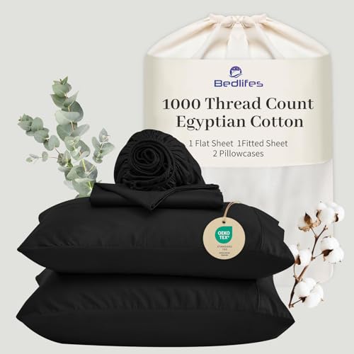"Bedlifes Egyptian Cotton Sheets 1000 Thread Count King Size, 4-Piece 16"" Deep Pocket - Cooling & Breathable Ultra Soft Bedding for Hotel Comfort (Black)"