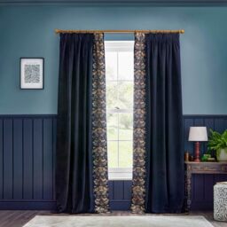 Morris&Co. Strawberry Thief Pencil Pleat Curtain Pair – Iconic Bird & Floral Embroidered Lined Velvet Drapes (Indigo - 168x137cm)