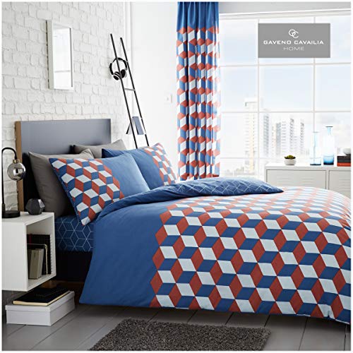 GC GAVENO CAVAILIA Geometric Cube Shaped Duvet Cover Set, Easy Care Printed Cubix Reversible Poly Cotton Quilt Bedding, Double, Blue