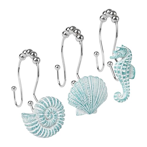 Sunlit Seashells Decorative Double Shower Curtain Hooks, Aqua Blue Ocean Creatures Coastal Shower Curtain Rings, Resin, Nautical Bathroom Decoration Beach Shower Curtain Hooks-12 Pack