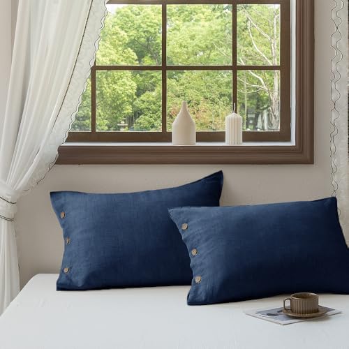 EVERLY 100% Linen Pillowcases Set of 2, French Linen from Normandy, 20X26Inch Standard Size, Natural Color, Coconut Buttons Closure, Flax Pillowshams-Pillowcase-Navy Blue