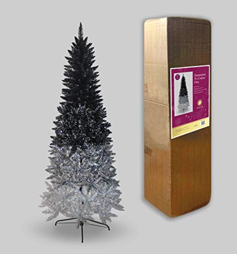 SHATCHI Tasmanian Mixed Colours Shiny Tinsel Pencil Tips Luxurious Slim Artificial Christmas Tree Hinged Branches Xmas Holiday Home Decorations – 6Ft/7Ft, Black/Silver, 7Ft