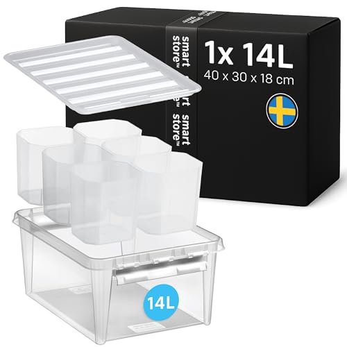 SmartStore Storage Boxes with Lids - 14L box + 6 inserts - 40x30x18cm - Stackable plastic storage box with lid for shoe, toy & craft storage - clear food-safe plastic boxes - storage containers