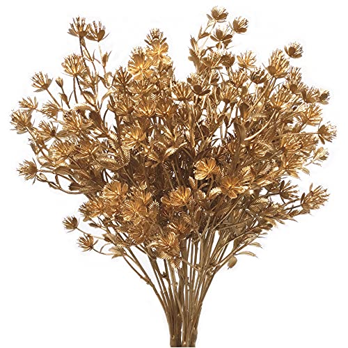 PASYOU Gold Fake Plants, Artificial Flowers Decoration for Christmas Golden Leaves Grass Plastic Faux DIY Crafts Indoor Outdoor Home Garden Party Room Bedroom Wedding Table Centerpiece Decor, 4 Pack