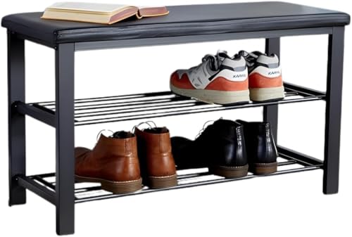 Home Source Shoe Storage Bench, 2 Open Shelves, Black Metal Frame, Bedroom Hallway Entryway Organiser, Shoe Rack Bench with Black PU Leather Padded Seat