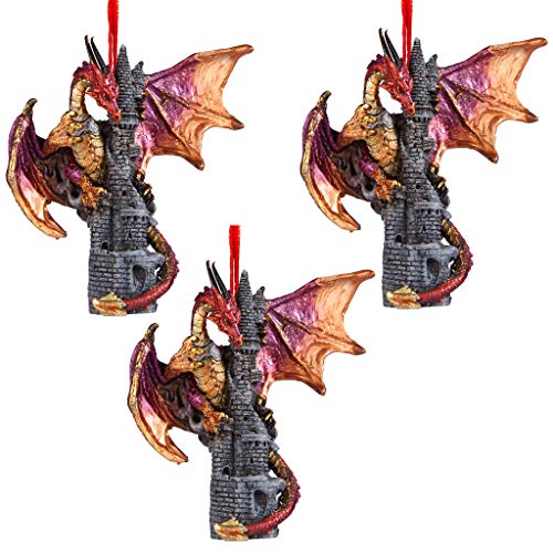 Christmas Tree Ornaments - Zanzibar the Gothic Dragon on Castle Holiday Ornament: Set of Three - Dragon Statue - Christmas Decorations