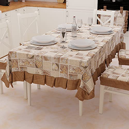 PETTI Artigiani Italiani - Tablecloth, Plastic Table Cover with Ruffles, Table Cover, Waterproof Outdoor Table Cover in Cotton Lidia Brown Design X12 Seats (140 x 240 cm) 100% Made in Italy