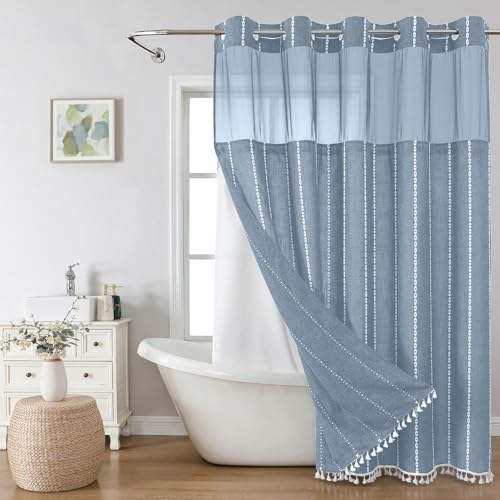 eachope No Hook Extra Long Shower Curtain with Snap-in Liner Set,Boho Chic Striped Tassel Linen Fabric Shower Curtain,Tall Modern Farmhouse Cute Cloth Shower Curtains for Bathroom,Blue,71x86