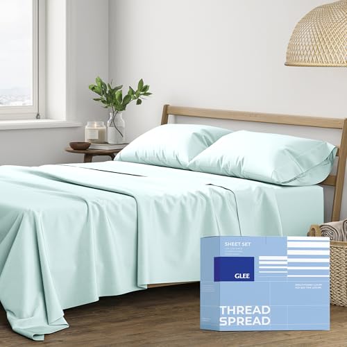 THREAD SPREAD 100% Cotton Full Size Sheets Set - 400 Thread Count 4 Piece Cotton Sheet Set - Soft, Breathable Cooling Sheets - Deep Pocket Full Size Cotton Bedsheets - Sateen Weave Bedsheet (Sea Foam)