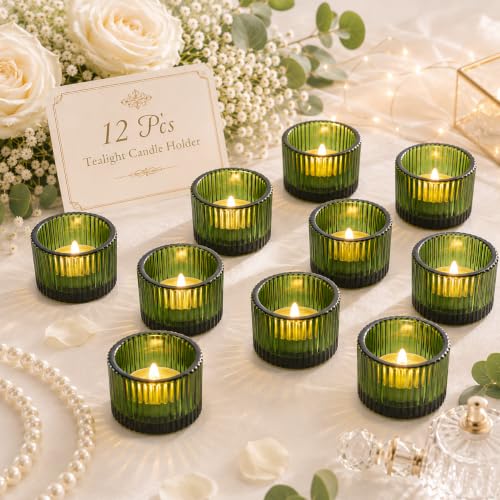 Lanttu Green Tealight Candle Holder Set of 12, Small Glass Votive Candle Holders for Table Centerpiece, Wedding Decor