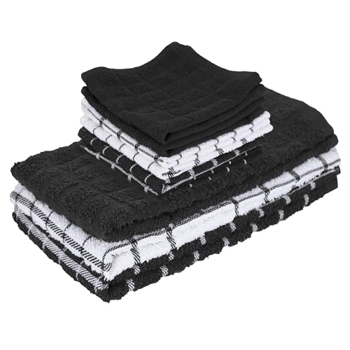 Ritz Premium 3-Pack Kitchen Towel & 6-Pack Dish Cloth Set - Highly Absorbent, Super Soft, Long-Lasting, 100% Cotton Terry Drying Cleaning Cloths, Black